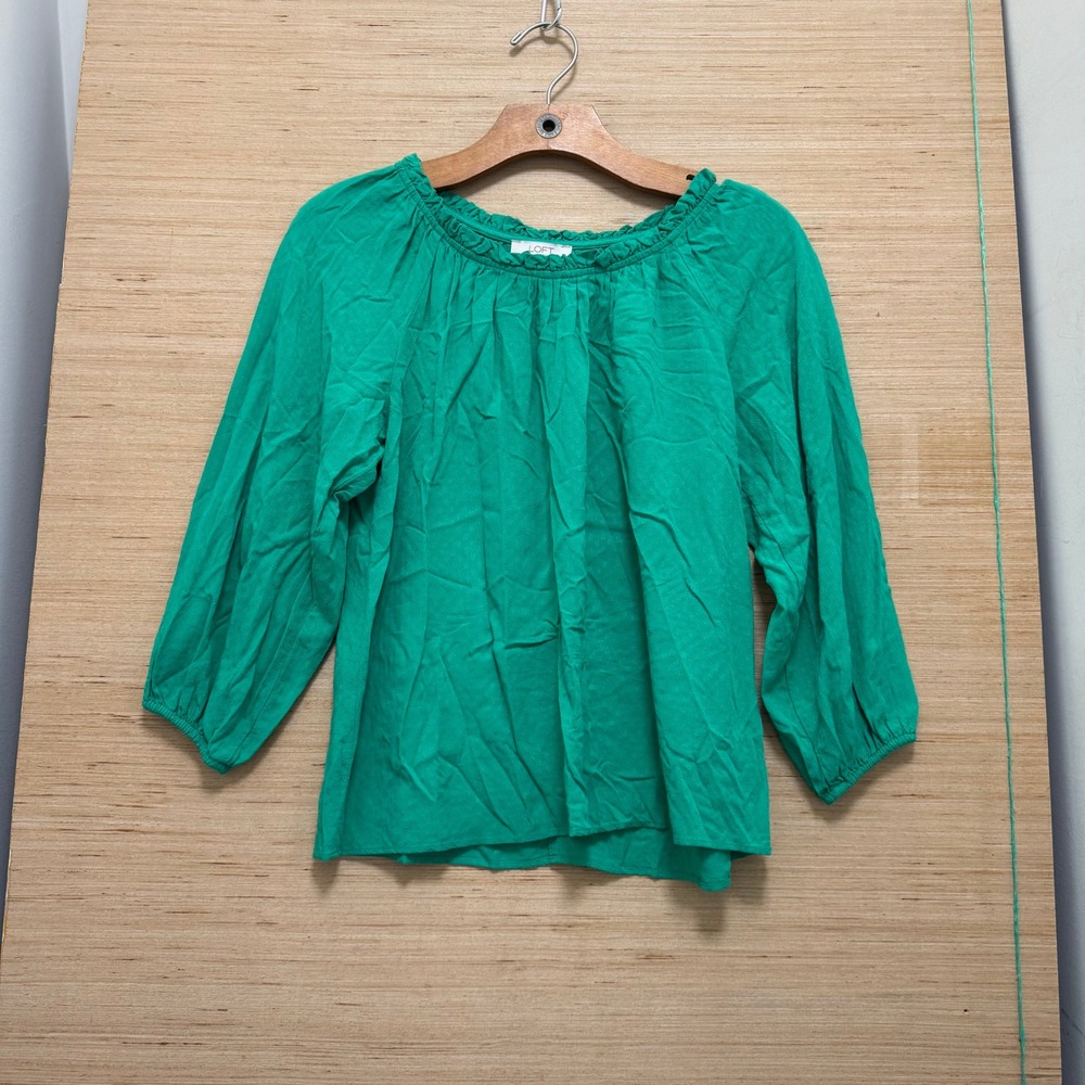 LOFT Outlet Green Clip Dot Ruffle Neck 3/4 Sleeve Blouse Top XSP Petite 4404‎